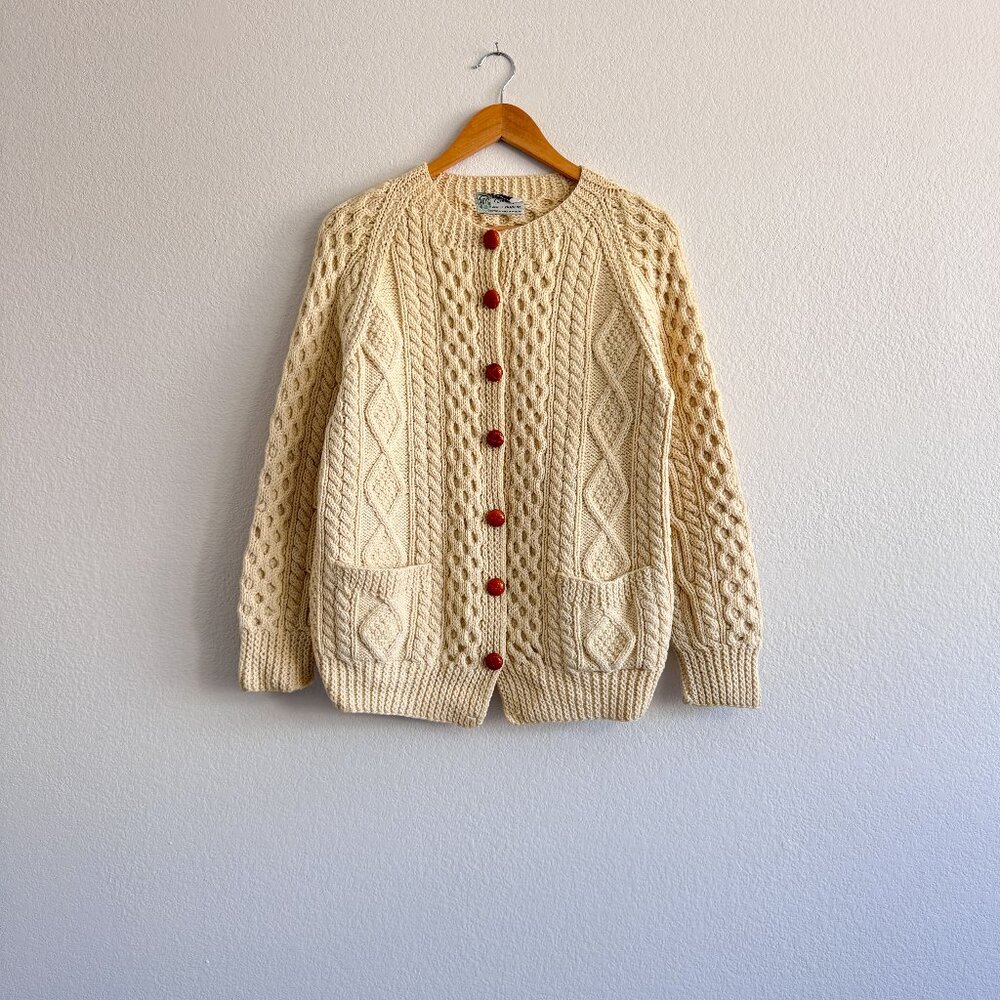 Vintage Cream Made in Ireland Irish Fisherman Knit Cardigan Sweater (XS-M)